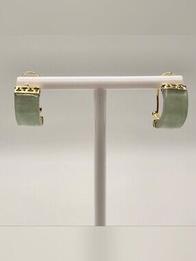 14K Yellow Gold Genuine Jade Half Hoop Earrings Green Jade 1" 6g